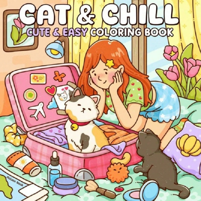 Cat & Girl Cute Easy Coloring  - огляд і ціна Adult Coloring Book Stress Relief